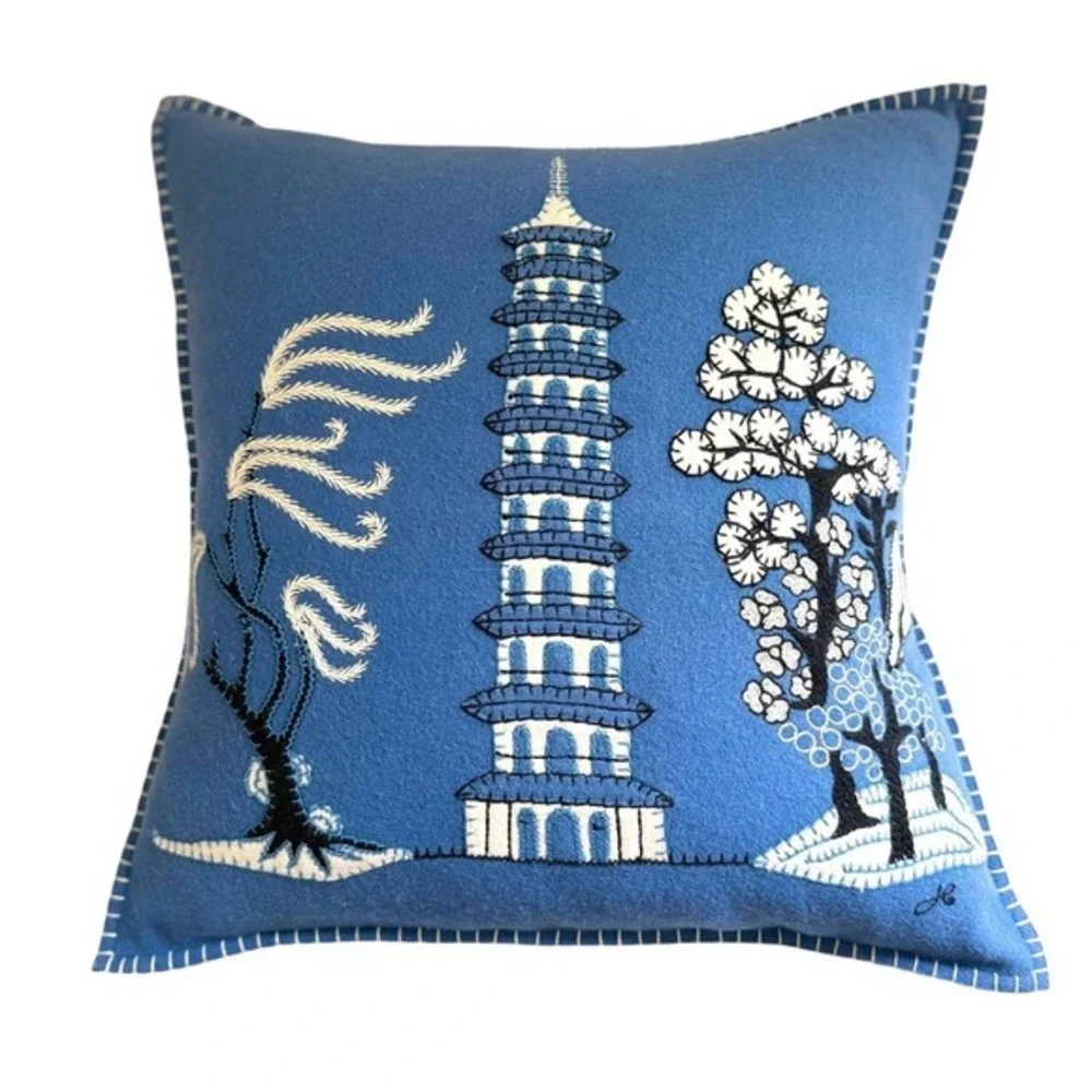 NWT Jan Constantine England Pillow Blue Felted Wool Embroidered Pagoda Trees